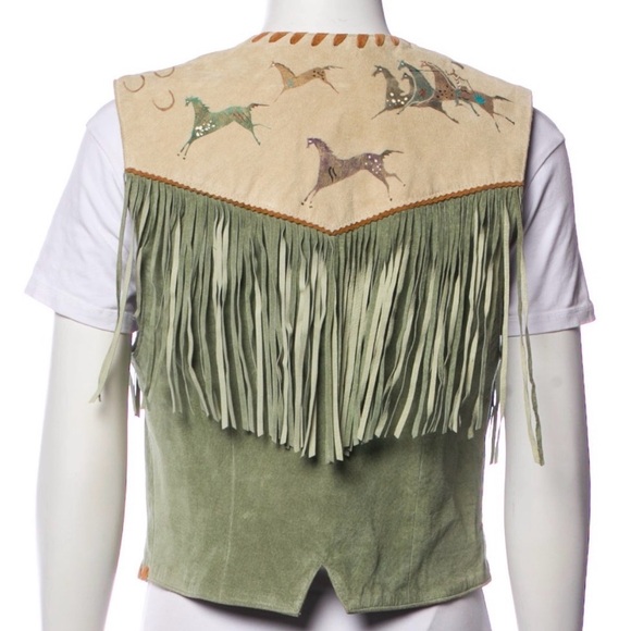 Patricia wolf hand painted leather fringe vest native american Indian ponies M - Picture 3 of 7
